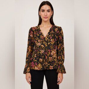 Anthropologie Button Front Peplum Hem Black Floral Ruffle Cuff Blouse Size Small